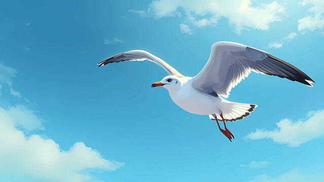 A single seagull in flight, viewed from below with a bright blue sky behind