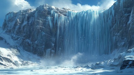 Two Figures Standing Before a Frozen Waterfall in a Snowy Mountain Landscape