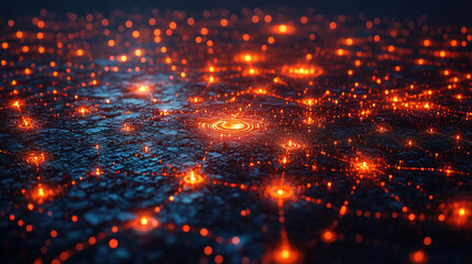 Vibrant network of glowing connections over a dark city landscape at night. Generative AI