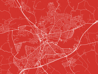 Christmas Map of Bedford, United Kingdom in Snowy White on Festive Red Background.