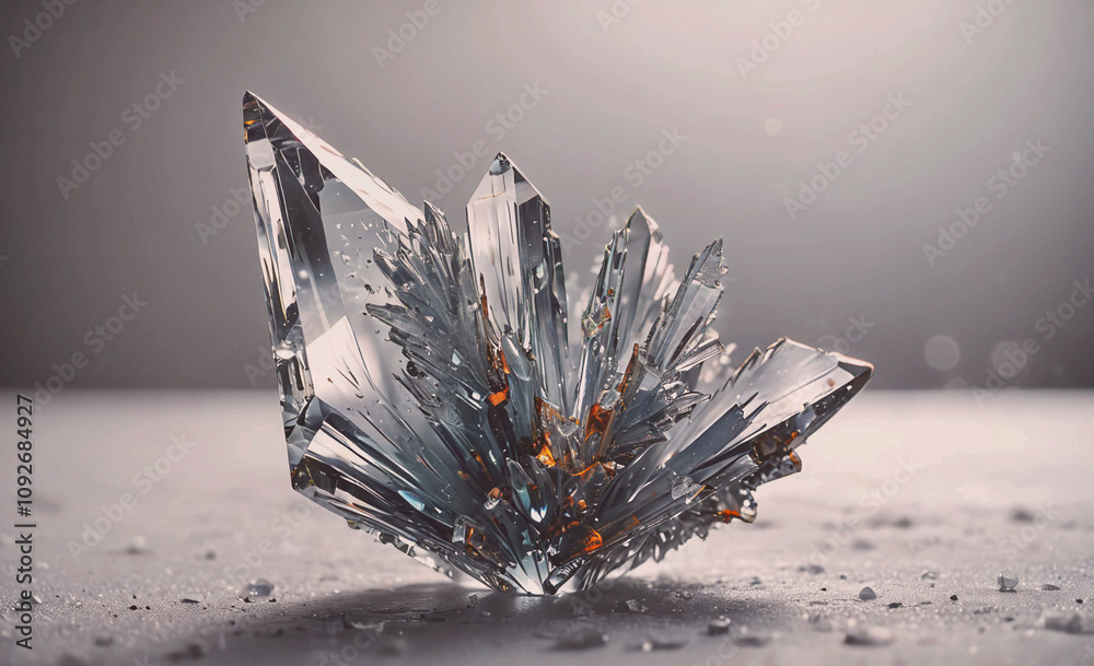 Poster large crystal is sitting on a table. the crystal is clear and has a rough texture. it is surrounded 