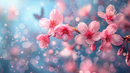 Spring cherry blossoms and butterflies blue background