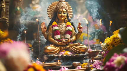 Fototapeta premium Goddess Lakshmi idol surrounded by colorful flowers and incense sticks