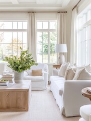 Fototapeta premium Bright Living Room With White Furniture And Large Windows