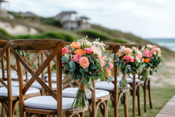 Rustic wooden chairs adorned with vibrant floral arrangements set for beach wedding. scene captures romantic atmosphere with soft colors and natural beauty