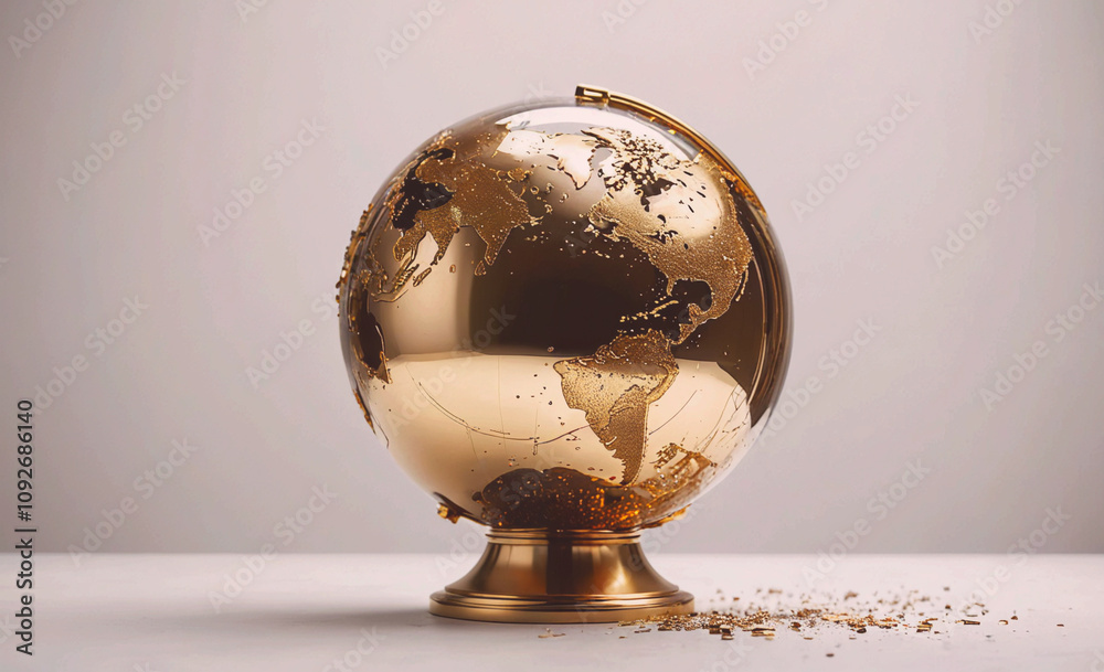 Poster gold globe with a stand. the globe is covered in gold dust. the globe is on a white table