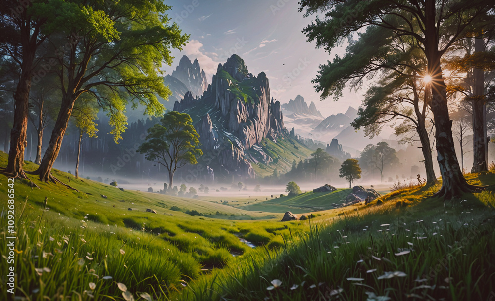 Poster Mountain range with a valley in between. Trees are in the foreground and background. The valley is green and has a river running through it