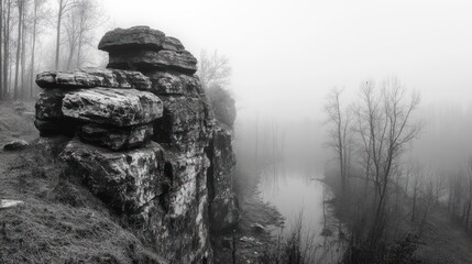 A black and white panorama of rocks shrouded in fog, creating a moody and atmospheric scene with a sense of mystery and calm