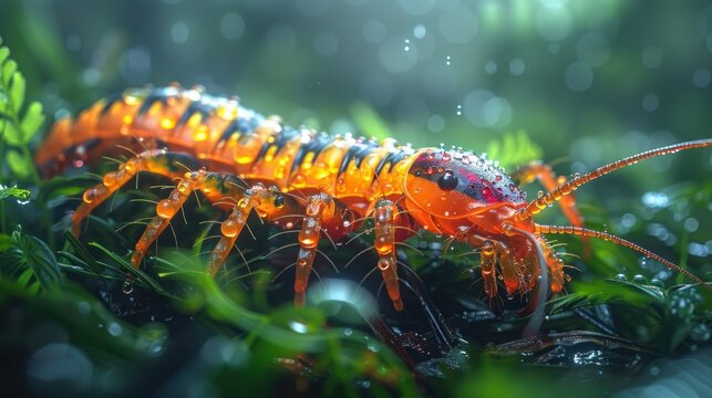 Vibrant orange insect crawling on green leaves nature macro photography forest close-up