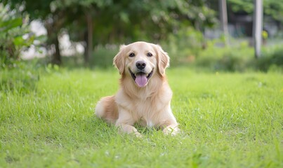 Happy dog playing on green grass, Generative AI 