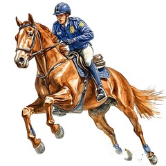 A Police Officer on Horseback in Mid-Stride, Dynamic Watercolor Painting.