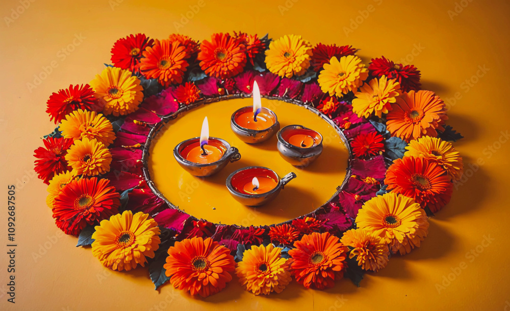 Poster yellow background with a flower arrangement in the center. there are three candles in the center of 