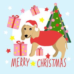 Christmas, cute labrador dog in Santa Claus hat, gifts boxes, Christmas tree. Vector illustration.