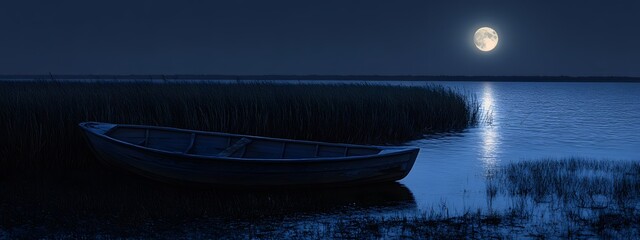 Obraz premium On the moonlight, there is an empty boat on a calm lake surrounded by reeds and grassland
