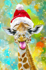 A giraffe joyfully sticks out its tongue while wearing a Santa hat. The vibrant, colorful background creates a festive atmosphere, perfect for the holiday spirit