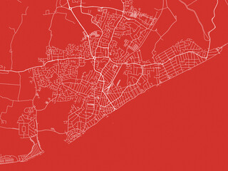 Christmas Map of Clacton-on-Sea, United Kingdom in Snowy White on Festive Red Background.