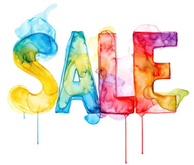 Watercolor painting of the Word SALE, magic fantasy, alcohol ink painting, psychedelic abstract, white background