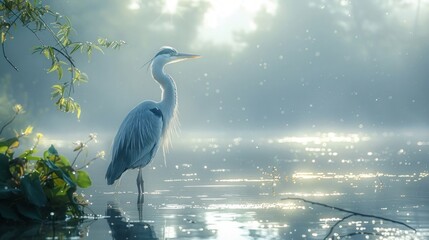 Naklejka premium Heron fishing at dawn on serene lake nature scene peaceful environment close-up