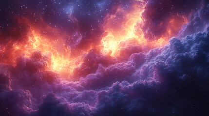 Fototapeta premium Colorful cosmic clouds illuminated by vivid flames in a starry night sky over a distant galaxy. Generative AI