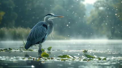 Naklejka premium Heron in misty wetland nature photography serene environment wildlife viewpoint