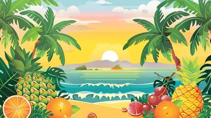A cartoon illustration of a tropical beach scene with palm trees and fruit.
