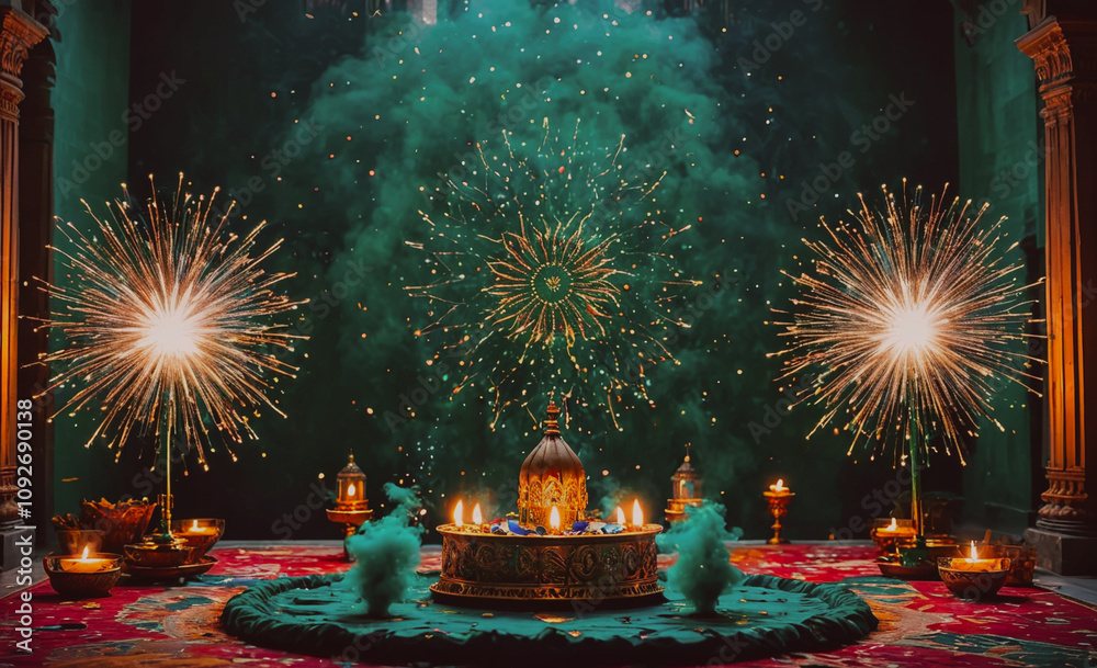 Poster green room with a green background and a green firework display. there are three firework displays i