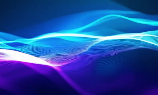 abstract background of textured waves resembling sound vibrations, features a gradient of glowing electric blues and purples, flowing smoothly across the screen