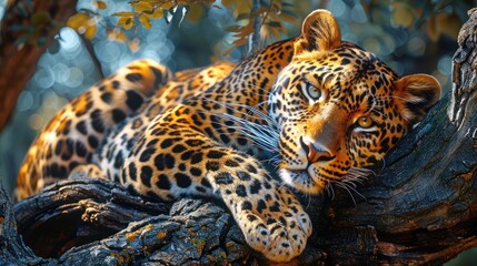 Obraz premium Leopard relaxing on tree branch exotic forest wildlife photography natural habitat close-up view
