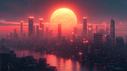 Fototapeta premium City skyline illuminated by vibrant sunset over river with futuristic skyscrapers reflecting brilliant colors at dusk. Generative AI