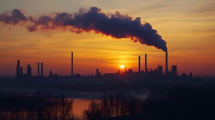 A large industrial plant is emitting smoke into the sky. The sun is setting, casting a warm glow over the scene. The smoke is billowing out of the plant, creating a sense of pollution