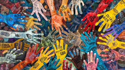 Fototapeta premium A mosaic of hands holding symbols of DIVERSITY EQUITY and INCLUSION forming a vibrant tapestry of solidarity and strength, Each hand carries a unique message