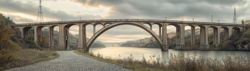 Obraz premium A panoramic view of a large arched bridge over a calm river, surrounded by autumn foliage.