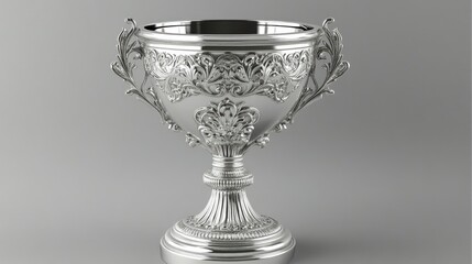 A polished silver trophy cup with intricate details, standing proudly against a glossy silver background.