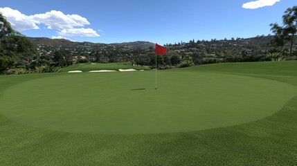 Obraz premium A pristine golf green with a red flag standing tall under a clear sky, surrounded by a peaceful and sunny landscape.