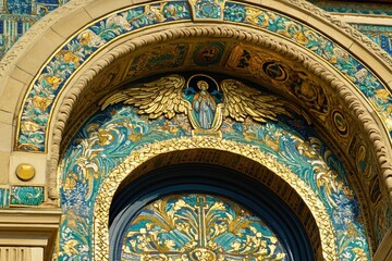 Obraz premium Ornate archway featuring intricate tile work and angelic figure.