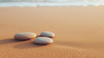 Obraz premium Smooth stones resting on golden sand, with gentle waves in the background, create a serene beach scene.