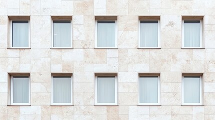 Fototapeta premium A minimalist building facade featuring a series of identical windows, creating a uniform and clean architectural appearance.