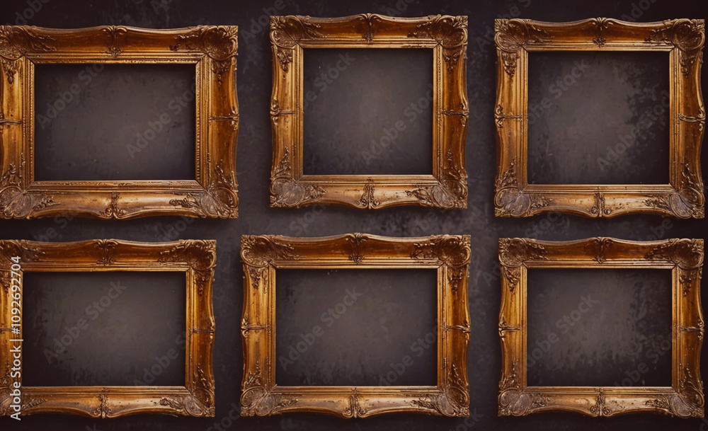 Poster Row of six picture frames with a black background. The frames are all the same size and are made of wood