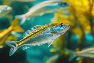 Fototapeta premium A vibrant fish swimming among others in a colorful underwater environment.