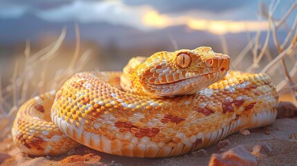 Obraz premium Golden snake in desert landscape nature photography sunset ambiance close-up view