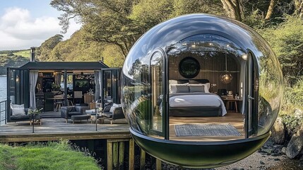 A sleek modern house encased in a transparent bubble, floating above a serene green meadow under a bright blue sky, symbolizing property insurance.