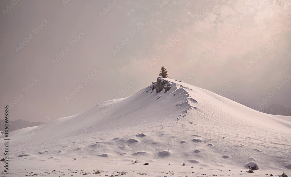 Poster Snow covered mountain with a tree on top. The tree is small and is located on the side of the mountain