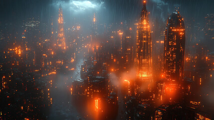 Fototapeta premium Dramatic cityscape illuminated by fires under a stormy sky at night. Generative AI