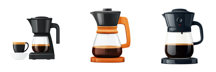 Three distinct coffee makers showcasing various designs and features, accompanied by a small coffee cup.