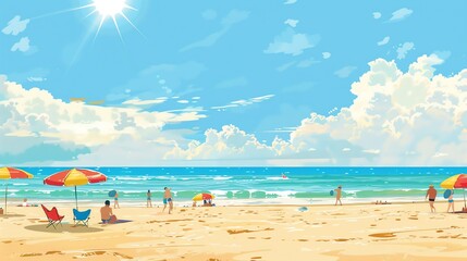 Obraz premium A cartoon illustration of a sunny beach scene with people, umbrellas, and the ocean.
