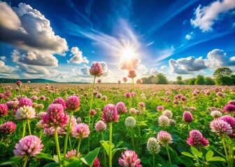 Obraz premium Lush Animated Clover Field with Vibrant Green Hues and Dreamy Skies, Perfect for Nature Lovers and Animation Enthusiasts - A Panoramic View of Enchanting Flora