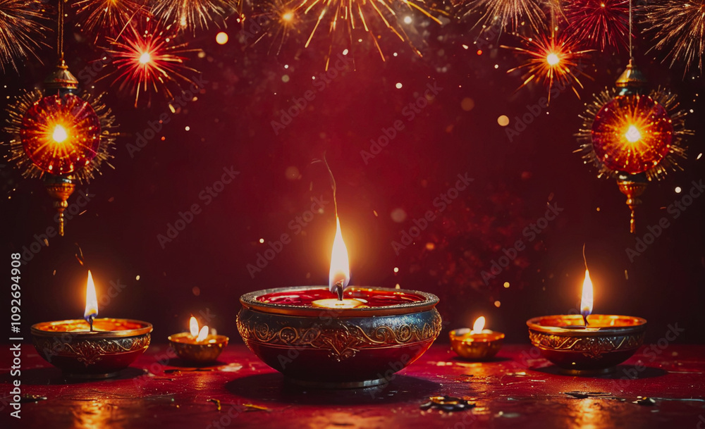Poster red background with a row of lit candles in a bowl. the candles are lit and are in a row, with some 