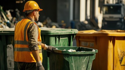 Construction Worker in Safety Gear Collecting Waste at a Busy Urban Site with Trash Bins and Background Activity on a Bright Sunny Day