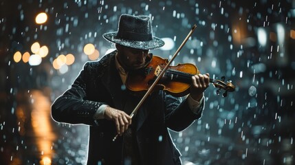 Fototapeta premium A captivating image of a violinist playing passionately in the rain, with glistening droplets reflecting the streetlights, creating a romantic and moody ambiance that evokes emotion.