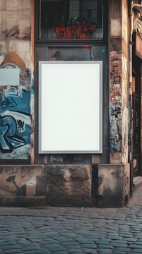 Blank billboard mockup on graffiti wall in urban street